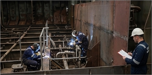 Grinding work on a steel plate